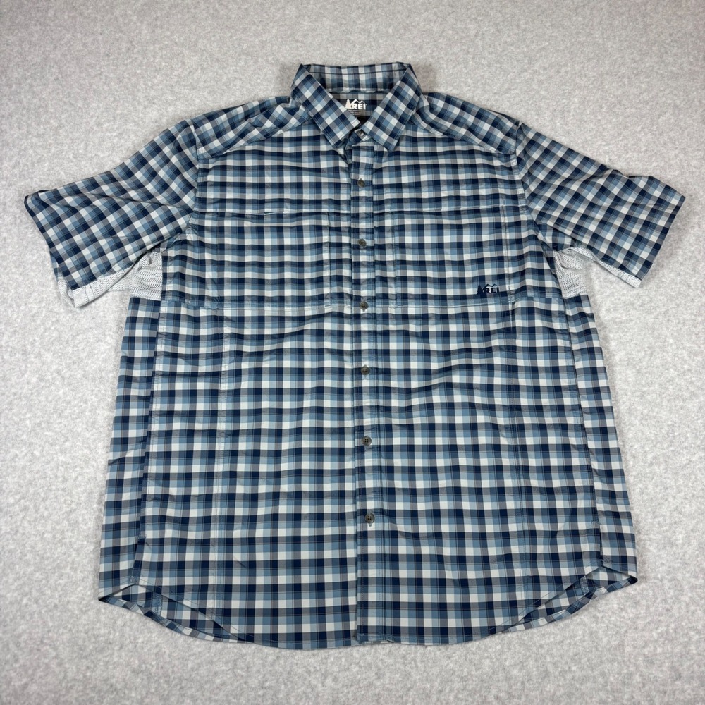 REI Button Down Shirt Mens XL Blue Plaid Short Sleeve Ventilated Hiking Travel